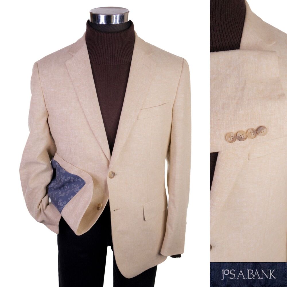 JOS A BANK Slim Blazer Sport Coat Sz 40S Beige Linen/Cotton Blend 2-Buton Jacket